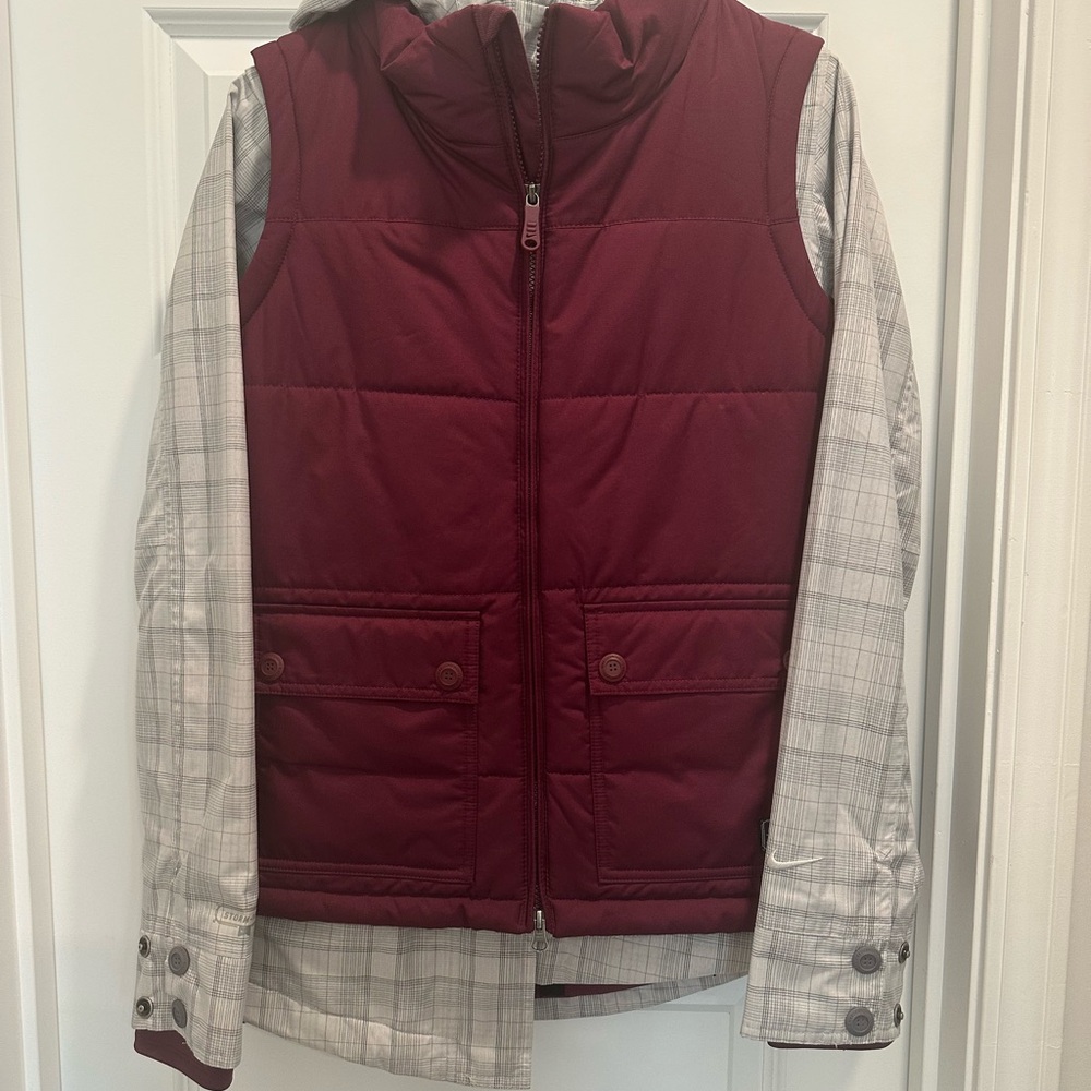 Burgundy Puffer Vest with Plaid Sleeves